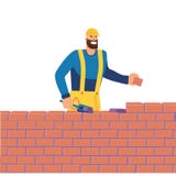 Mężczyzna przy budową rozkłada cegły z cementem Budowniczy buduje ?ciana z cegie? Domowego budynku mieszkania ilustracja ilustracji Mężczyzna przy budową rozkłada cegły z cementem Budowniczy buduje ?ciana z cegie? Domowego budynku mieszkania ilustracja ilustracji