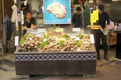 Mężczyzna wprowadzać na rynek sprzedawca ostryg Omicho jedzenia rynku świeżą sala, Kanazawa, Japonia Obrazy Stock Mężczyzna wprowadzać na rynek sprzedawca ostryg Omicho jedzenia rynku świeżą sala, Kanazawa, Japonia Obrazy Stock