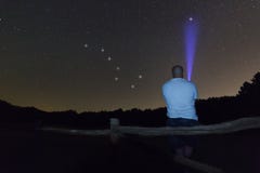 Mężczyzna wskazuje Polaris gwiazda z latarką Północna gwiazda Gwiaździstej nocy Ursa Ważnej, Dużej chochli gwiazdozbiór, Piękny n obrazy royalty free Mężczyzna wskazuje Polaris gwiazda z latarką Północna gwiazda Gwiaździstej nocy Ursa Ważnej, Dużej chochli gwiazdozbiór, Piękny n obrazy royalty free