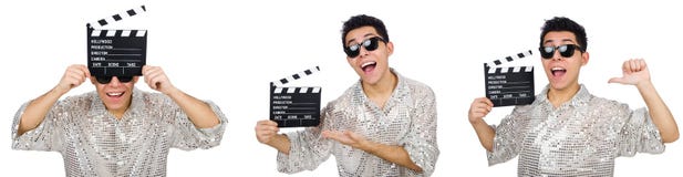 Mężczyzna z filmu clapperboard odizolowywającym na bielu Obrazy Stock Mężczyzna z filmu clapperboard odizolowywającym na bielu Obrazy Stock