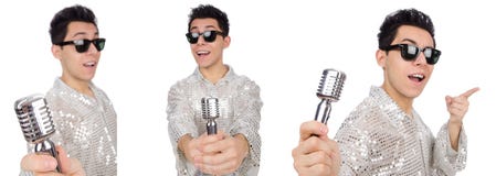 Mężczyzna z mic odizolowywającym na bielu Zdjęcie Stock Mężczyzna z mic odizolowywającym na bielu Zdjęcie Stock