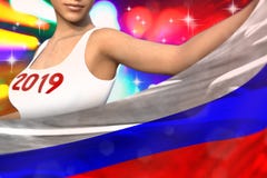 Młoda dziewczyna trzyma Rosja flagę w przodzie na partyjnych światłach - bożych narodzeń i 2019 3d nowego roku pojęcia chorągwian ilustracji Młoda dziewczyna trzyma Rosja flagę w przodzie na partyjnych światłach - bożych narodzeń i 2019 3d nowego roku pojęcia chorągwian ilustracji