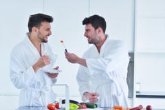 Młoda homoseksualna para śniadanie w kuchni w słonecznym dniu fotografia royalty free Młoda homoseksualna para śniadanie w kuchni w słonecznym dniu fotografia royalty free