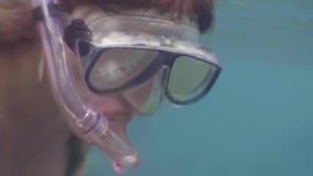 M?oda kobieta w swimsuit i snorkel maskowym dop?yni?ciu pod wod? w b??kitnym morzu Kobieta snorkeling w ocean wodzie patrze? zbiory M?oda kobieta w swimsuit i snorkel maskowym dop?yni?ciu pod wod? w b??kitnym morzu Kobieta snorkeling w ocean wodzie patrze? zbiory