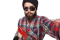 Młody brodaty lumberjack robi selfie obrazy royalty free Młody brodaty lumberjack robi selfie obrazy royalty free