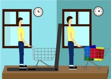 Na linha loja A venda, portátil com toldo, homens que compram o material com portátil, compra em casa ilustração do vetor Na linha loja A venda, portátil com toldo, homens que compram o material com portátil, compra em casa ilustração do vetor
