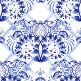 Naadloos blauw bloemenpatroon met roosterstroken van waterverf Imitatie van het schilderen op porselein in de Russische stijl Gzh vector illustratie Naadloos blauw bloemenpatroon met roosterstroken van waterverf Imitatie van het schilderen op porselein in de Russische stijl Gzh vector illustratie
