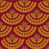 Naadloos geometrisch patroon van geel-rode die cirkels op elkaar als schalen worden toegevoegd royalty-vrije illustratie Naadloos geometrisch patroon van geel-rode die cirkels op elkaar als schalen worden toegevoegd royalty-vrije illustratie