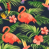 Naadloos patroon met flamingo's, kolibries en tropische installaties vector illustratie Naadloos patroon met flamingo's, kolibries en tropische installaties vector illustratie