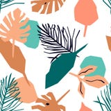 Naadloos patroon met roze en blauwe bladeren Heldere tropische achtergrond stock illustratie Naadloos patroon met roze en blauwe bladeren Heldere tropische achtergrond stock illustratie