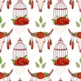 Naadloos patroon met schedelkoe, papavers in kooien stock illustratie Naadloos patroon met schedelkoe, papavers in kooien stock illustratie