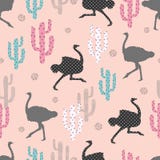 Naadloos patroon met struisvogel en cactus royalty-vrije illustratie Naadloos patroon met struisvogel en cactus royalty-vrije illustratie