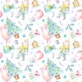 Naadloos patroon van een varken, een Kerstmisboom, een peperkoek, een zak en een gift vector illustratie Naadloos patroon van een varken, een Kerstmisboom, een peperkoek, een zak en een gift vector illustratie