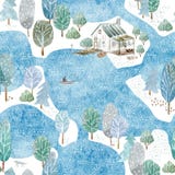 Naadloos patroon van een een een vissers` s huis, eiland en tuin stock illustratie Naadloos patroon van een een een vissers` s huis, eiland en tuin stock illustratie