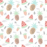 Naadloos tropisch patroon met ananas, watermeloen, aardbei Vector de zomerillustratie van een flamingo voor jonge geitjes, textie stock illustratie Naadloos tropisch patroon met ananas, watermeloen, aardbei Vector de zomerillustratie van een flamingo voor jonge geitjes, textie stock illustratie