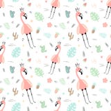 Naadloos tropisch patroon met roze flamingo's, kroon, bladeren, cactussen, monstera Vector de zomer hand-drawn illustratie van ee vector illustratie Naadloos tropisch patroon met roze flamingo's, kroon, bladeren, cactussen, monstera Vector de zomer hand-drawn illustratie van ee vector illustratie