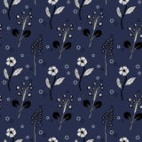 Naadloos zwart-wit bloemen donkerblauw patroon stock illustratie Naadloos zwart-wit bloemen donkerblauw patroon stock illustratie