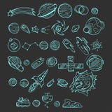 Naadloze blauwe die pictogrammen met krabbel ruimteelementen worden geplaatst op donkere achtergrond De vectorillustratie met han Stock Foto's Naadloze blauwe die pictogrammen met krabbel ruimteelementen worden geplaatst op donkere achtergrond De vectorillustratie met han Stock Foto's