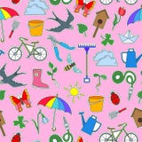 Naadloze illustratie met eenvoudige pictogrammen op een thema van de lente, gekleurde flardpictogrammen op een roze achtergrond Stock Foto Naadloze illustratie met eenvoudige pictogrammen op een thema van de lente, gekleurde flardpictogrammen op een roze achtergrond Stock Foto