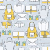 Naadloze illustratie met leuke gele en grijze handtassen en koppelingen in manier modieus patroon Hand getrokken achtergrond, Dr. vector illustratie Naadloze illustratie met leuke gele en grijze handtassen en koppelingen in manier modieus patroon Hand getrokken achtergrond, Dr. vector illustratie
