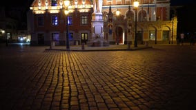 Nachtmening van een monument aan Roland bij Stad Hall Square tegen het achtergrondhuis van de Meeëters van Riga Letland stock videobeelden Nachtmening van een monument aan Roland bij Stad Hall Square tegen het achtergrondhuis van de Meeëters van Riga Letland stock videobeelden