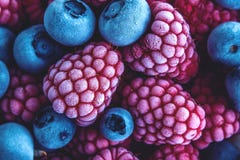 Nahaufnahme von gefrorenen Blaubeeren und von Himbeeren stockfotos Nahaufnahme von gefrorenen Blaubeeren und von Himbeeren stockfotos