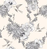 Nahtloses Blumenmuster mit Blumen und Vögeln lizenzfreie abbildung Nahtloses Blumenmuster mit Blumen und Vögeln lizenzfreie abbildung