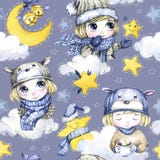 Nahtloses Muster des Aquarells mit netten Kindern der Karikatur, Mond, Magiesternen und Wolken Neues Jahr Adobe-Illustratordatei vektor abbildung Nahtloses Muster des Aquarells mit netten Kindern der Karikatur, Mond, Magiesternen und Wolken Neues Jahr Adobe-Illustratordatei vektor abbildung