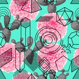 Nahtloses Muster mit abstrakten geometrischen Formen, Blume und Kaktus Linie Kunsthintergrund Stockfotos Nahtloses Muster mit abstrakten geometrischen Formen, Blume und Kaktus Linie Kunsthintergrund Stockfotos