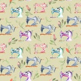 Nahtloses Muster mit Retro- Nähmaschinen und Florenelementen des Aquarells stock abbildung Nahtloses Muster mit Retro- Nähmaschinen und Florenelementen des Aquarells stock abbildung