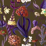 Nahtloses Muster mit wilden Blumen auf einem dunklen Hintergrund Auch im corel abgehobenen Betrag Stockbild Nahtloses Muster mit wilden Blumen auf einem dunklen Hintergrund Auch im corel abgehobenen Betrag Stockbild