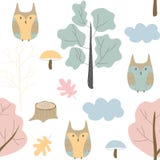 Nahtloses Muster mit wilder Natur, Wald und der Eule Vektorentwurf, die Illustration der Kinder vektor abbildung Nahtloses Muster mit wilder Natur, Wald und der Eule Vektorentwurf, die Illustration der Kinder vektor abbildung