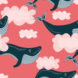 Nahtloses Vektormuster mit Fliegen, schwimmende Wale, Fische in den rosa Wolken Traumgro?es Traum an Traum, Fantasiekonzept stock abbildung Nahtloses Vektormuster mit Fliegen, schwimmende Wale, Fische in den rosa Wolken Traumgro?es Traum an Traum, Fantasiekonzept stock abbildung