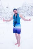 Naked man make some photo in the winter snowy forest stock images Naked man make some photo in the winter snowy forest stock images