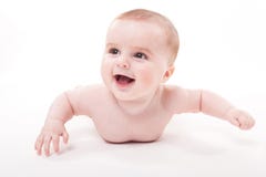 Naked Smiling Baby Lying On His Stomach On A White Background An Stock Image Naked Smiling Baby Lying On His Stomach On A White Background An Stock Image