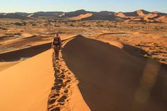 Namib ?ken, i den Namib-Nacluft nationalparken i Namibia Sossusvlei Turist f?r ung kvinna med ryggs?ckst?llningar ?verst royaltyfria bilder Namib ?ken, i den Namib-Nacluft nationalparken i Namibia Sossusvlei Turist f?r ung kvinna med ryggs?ckst?llningar ?verst royaltyfria bilder