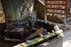 NARA, GIAPPONE - 30 GENNAIO 2018: Fontana del drago per il rito di depurazione delle acque di Chozuya in tempio di Osaka fotografia stock NARA, GIAPPONE - 30 GENNAIO 2018: Fontana del drago per il rito di depurazione delle acque di Chozuya in tempio di Osaka fotografia stock