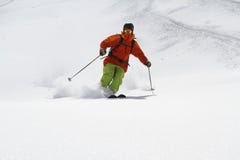 Narciarka w głębokim proszku, krańcowy freeride obraz stock Narciarka w głębokim proszku, krańcowy freeride obraz stock