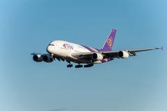 NARITA - JAPAN, JANUARY 25, 2017: HS-TUB Airbus A380 Thai Airways Airlines Landing in International Narita Airport, Japan. stock images NARITA - JAPAN, JANUARY 25, 2017: HS-TUB Airbus A380 Thai Airways Airlines Landing in International Narita Airport, Japan. stock images