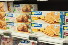 Natural biscuits from Bjorg brand at Cora Supermarket stock images Natural biscuits from Bjorg brand at Cora Supermarket stock images