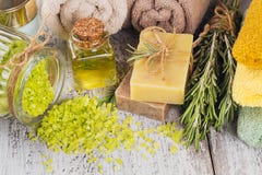 Natural Cosmetic Oil And Natural Handmade Soap With Rosemary On Royalty Free Stock Photography Natural Cosmetic Oil And Natural Handmade Soap With Rosemary On Royalty Free Stock Photography