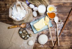 Natural Organic Ingredients To Make Cookies As Dough, Flour, Eggs, Butter,milk Stock Photo