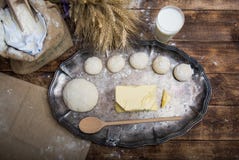 Natural Organic Ingredients To Make Cookies As Dough, Flour, Eggs, Butter,milk Stock Photography