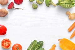 Natural Organic Vegetables On A White Kitchen Table With Space For Adding Text Stock Photos