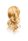 Natural wavy blond hair on white background. Woman`s head back view