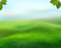 Nature green background with fresh leaves on a blurred background of grass and sky. View with copy space add text. Vector stock illustration Nature green background with fresh leaves on a blurred background of grass and sky. View with copy space add text. Vector stock illustration