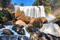 Nature Landscape With Blurred Majestic Waterfall, Rough Rocks And Rainbow In The Sunlight Royalty Free Stock Image Nature Landscape With Blurred Majestic Waterfall, Rough Rocks And Rainbow In The Sunlight Royalty Free Stock Image