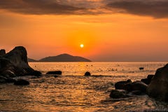 Nature Seascape With Boulders, Islands And Waves At Orange Sunrise Royalty Free Stock Photos Nature Seascape With Boulders, Islands And Waves At Orange Sunrise Royalty Free Stock Photos