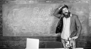 Nauczyciel lub pedagog witamy uczni podczas gdy stojaki zbliżają chalkboard z inskrypcją z powrotem szkoła Zaprasza szkoła obraz stock Nauczyciel lub pedagog witamy uczni podczas gdy stojaki zbliżają chalkboard z inskrypcją z powrotem szkoła Zaprasza szkoła obraz stock