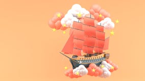 Nave blu con le vele arancio che galleggiano nelle nuvole e nelle stelle sui precedenti arancio illustrazione vettoriale Nave blu con le vele arancio che galleggiano nelle nuvole e nelle stelle sui precedenti arancio illustrazione vettoriale